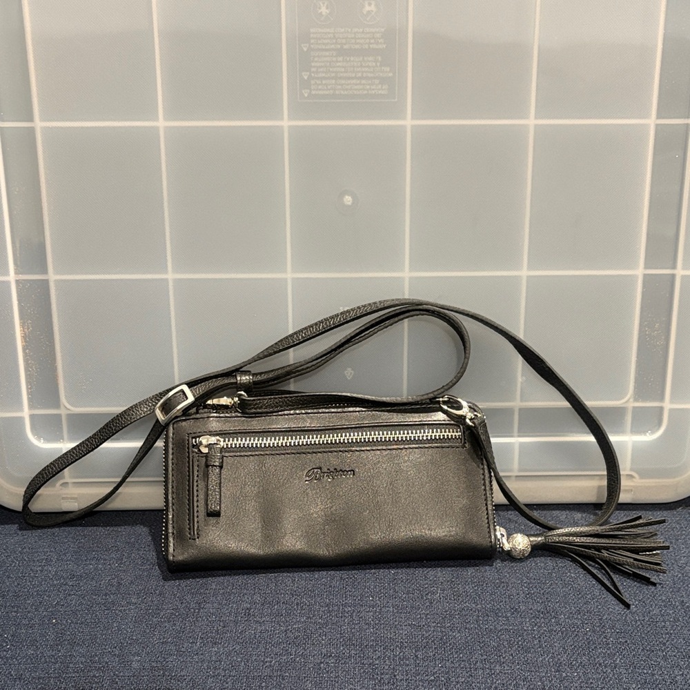 Brighton Black & Cream Leather Crossbody with Tassel Accent
